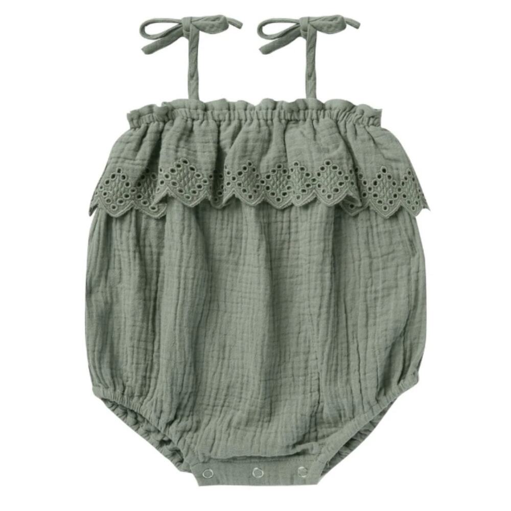 Rylee & Cru Baby Girls Ruffle Romper 3-6M Aqua Eyelet Ruffle Adjustable Tie